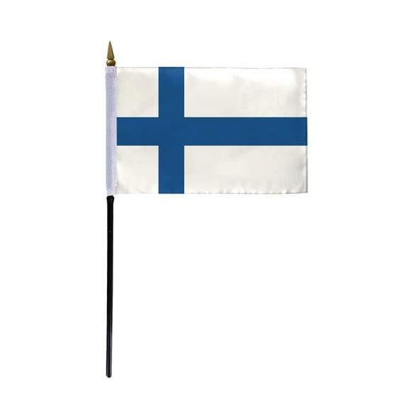 AGAS Finland Flag 4x6 inch - 11" Plastic Pole 100% Polyester Stitched Edges Finnish National Mini Flag on a Stick