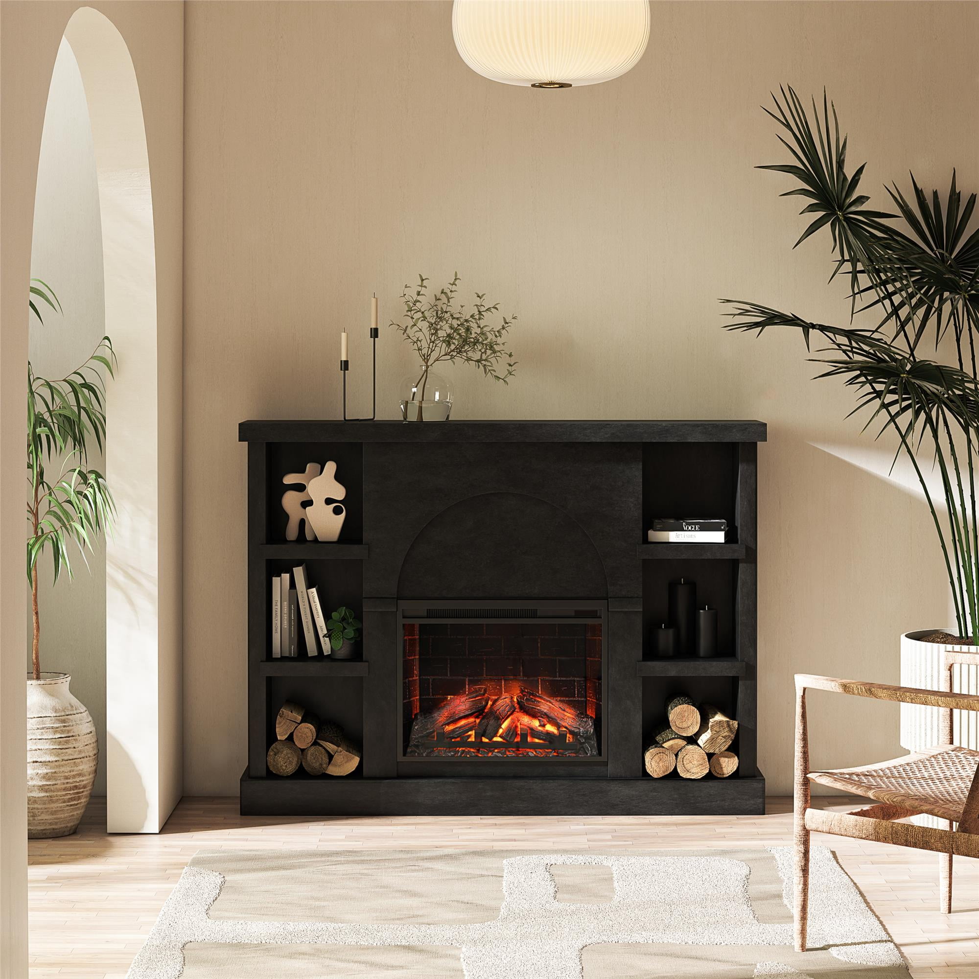 Mr. Kate Winston Fireplace Mantel with Built-in Bookshelves, Faux Black Plaster