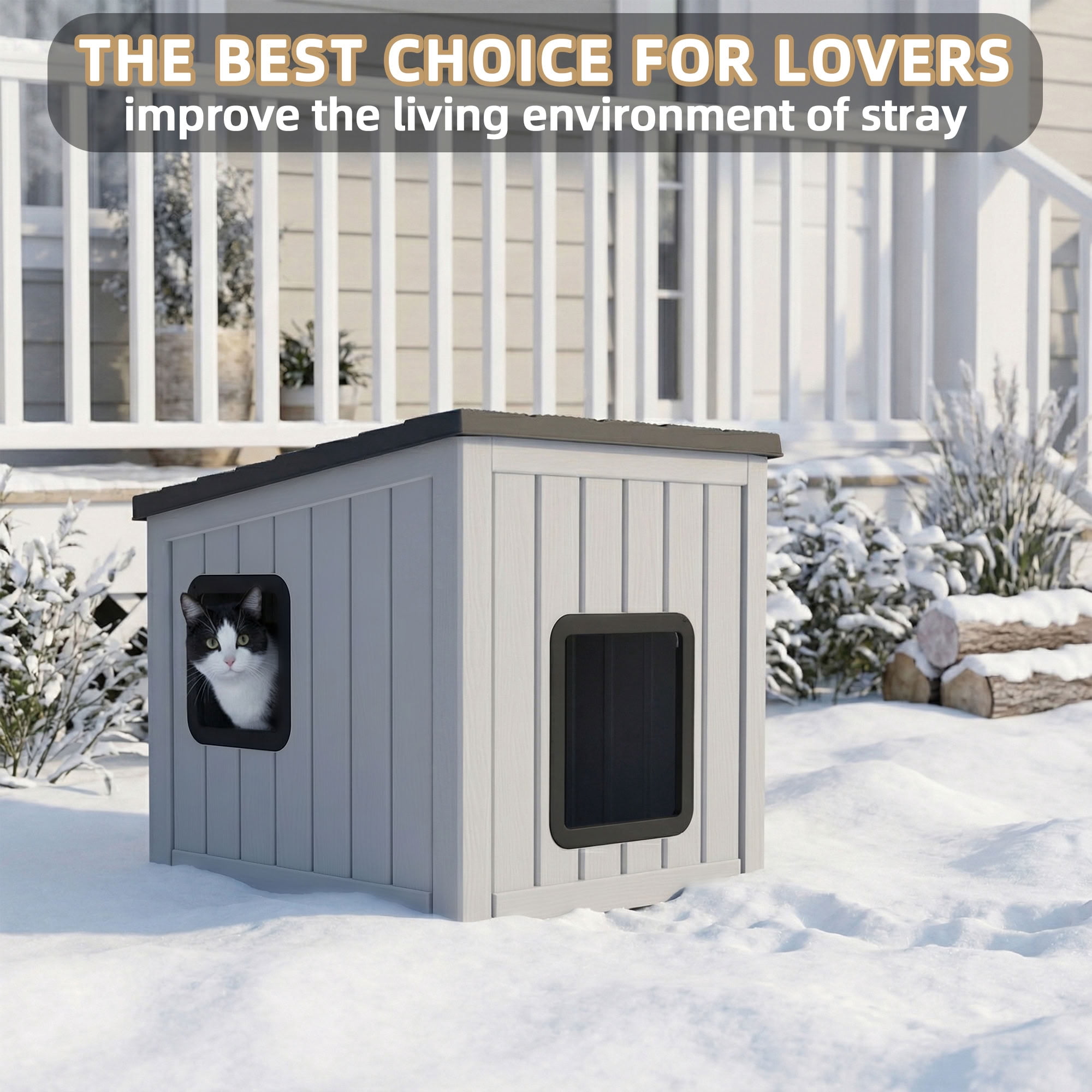 MAYEERTY Dual-Door Cat House for Indoor & Outdoor, Rain-Resistant Sloped Roof Pet Retreat with Easy-Clean Leak Holes