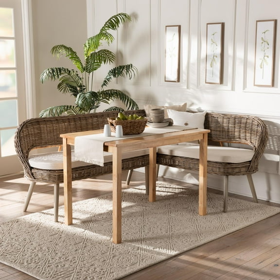 Baxton Studio Raisa Seagrass, Rattan and Acacia Wood BOHO Dining Nook Set, 3-Piece, Greywashed