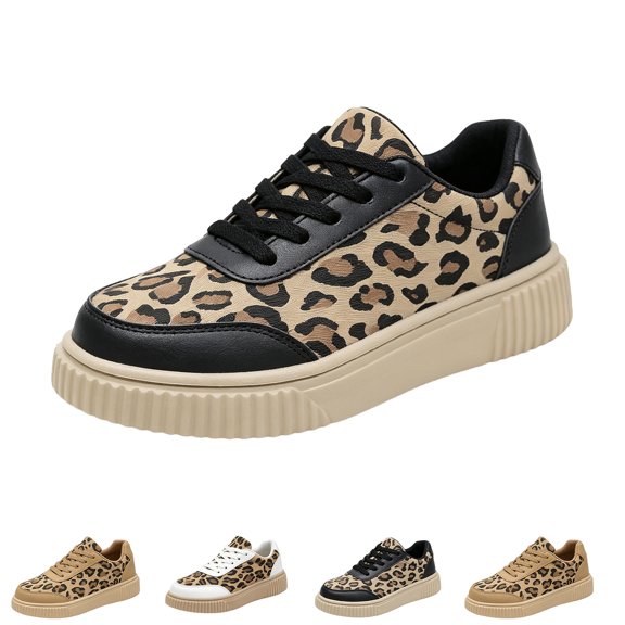 Womens Leopard Print Casual Flat Shoes Low Top Lace Up Sneaker Everyday Walking Footwear