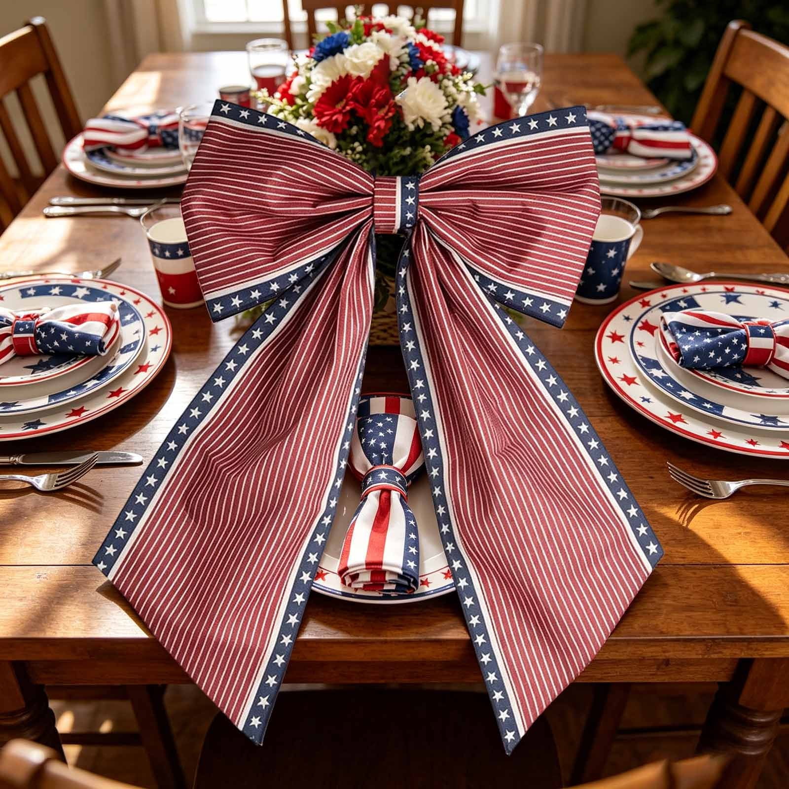 Patriotic Wreath Bows for Front Door Large 35.4" Red White and Blue Ribbon with Stars and Stripes for 4th of July Memorial Day Indoor Outdoor Party Decor