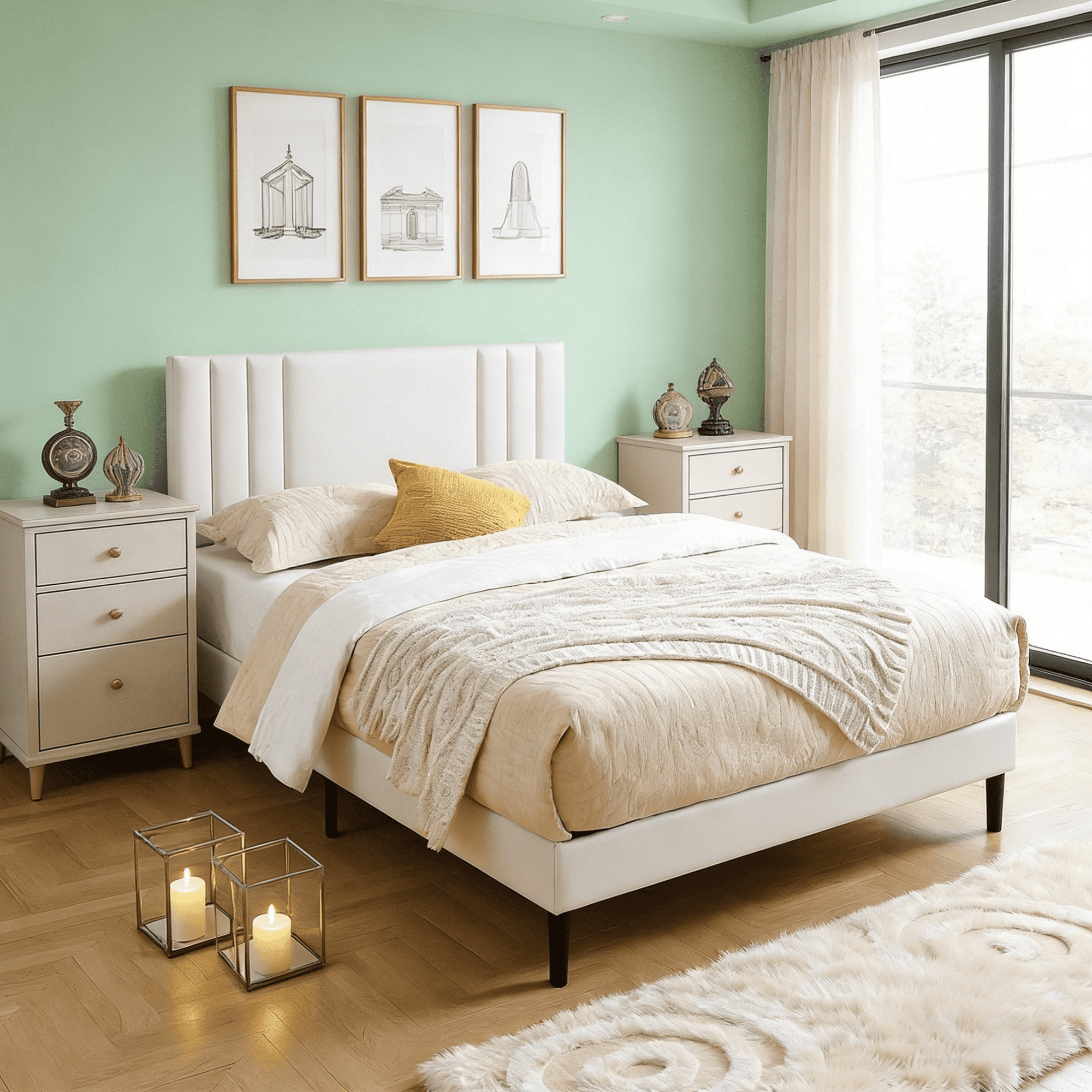 Gewnee Queen Size Platform Bed Frame with Upholstered Headboard,Faux Leather,Wood Slat Support,Easy Assembly,No Box Spring Required.White