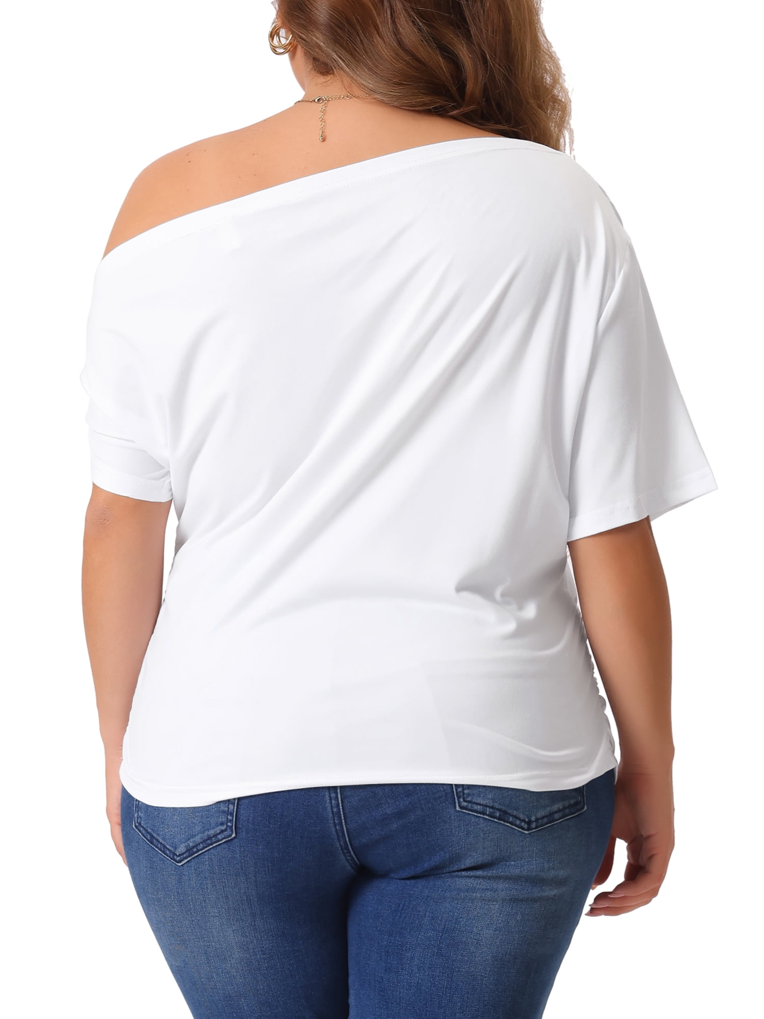 DARING DIVA Women's Plus Tops One Shoulder  Ruched Basic Blouses Summer Tee Tops 5X White