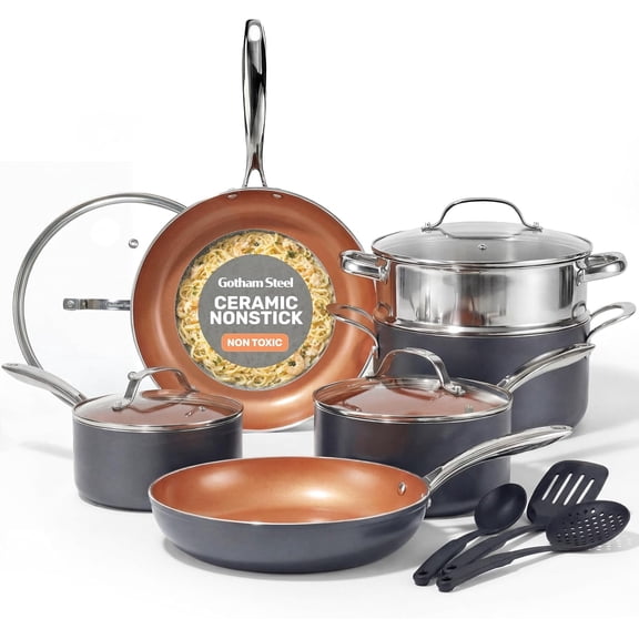 Gotham Steel 15 Pc Ceramic Pots and Pans Set Non Stick, Copper Cookeware Set with Utensils, Pot and Pan Set Nonstick, Induction Compatible with Stay Cool Handles, Copper
