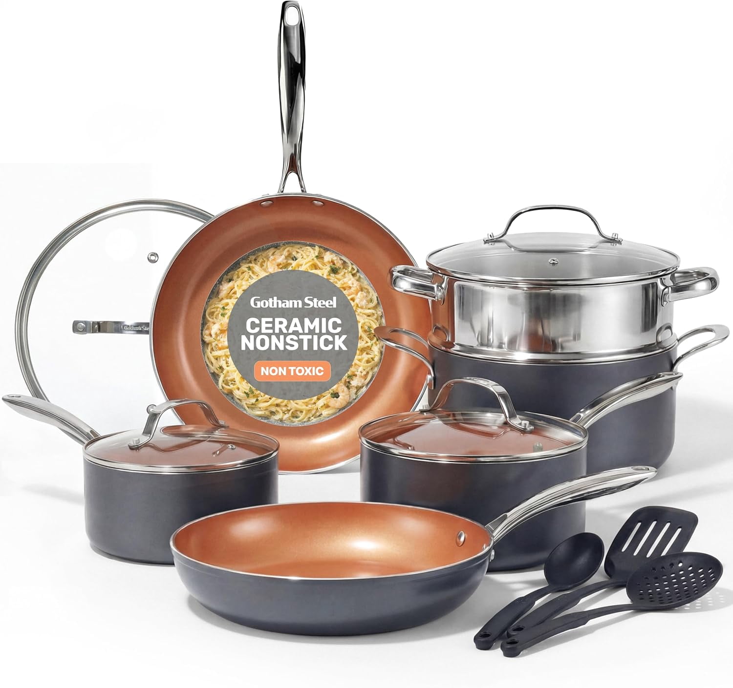 Gotham Steel 15 Pc Ceramic Pots and Pans Set Non Stick, Copper Cookeware Set with Utensils, Pot and Pan Set Nonstick, Induction Compatible with Stay Cool Handles, Copper