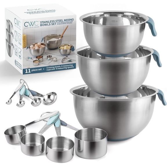 COOK WITH COLOR Stainless Steel Mixing Bowls Set and Measuring Cups- Nesting Bowls with Non-Slip Bottom and Easy-Grip Handles, Blue, 11 Pieces