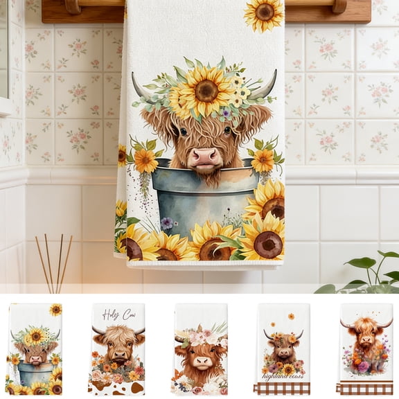 1PCs Sunflowers Highland Cow Hand Towel,16x24" Spring Summer Yellow Cleaning Drying Dishes Towel,Soft Absorbent Polyester Kitchen & Bathroom Towel,Housewarming Gift Animal Lovers & Moms Home Decor