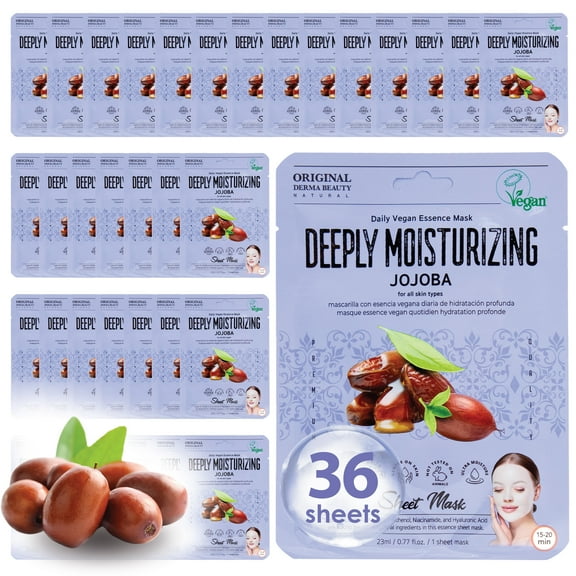 Original Derma Beauty 36 Pack Vegan Deep moisturizing Jojoba Essecne Face Mask Skin care Sheet - Vegan Face Mask Skin Care Face Masks Skincare, Facial Masks for Women Skin Care