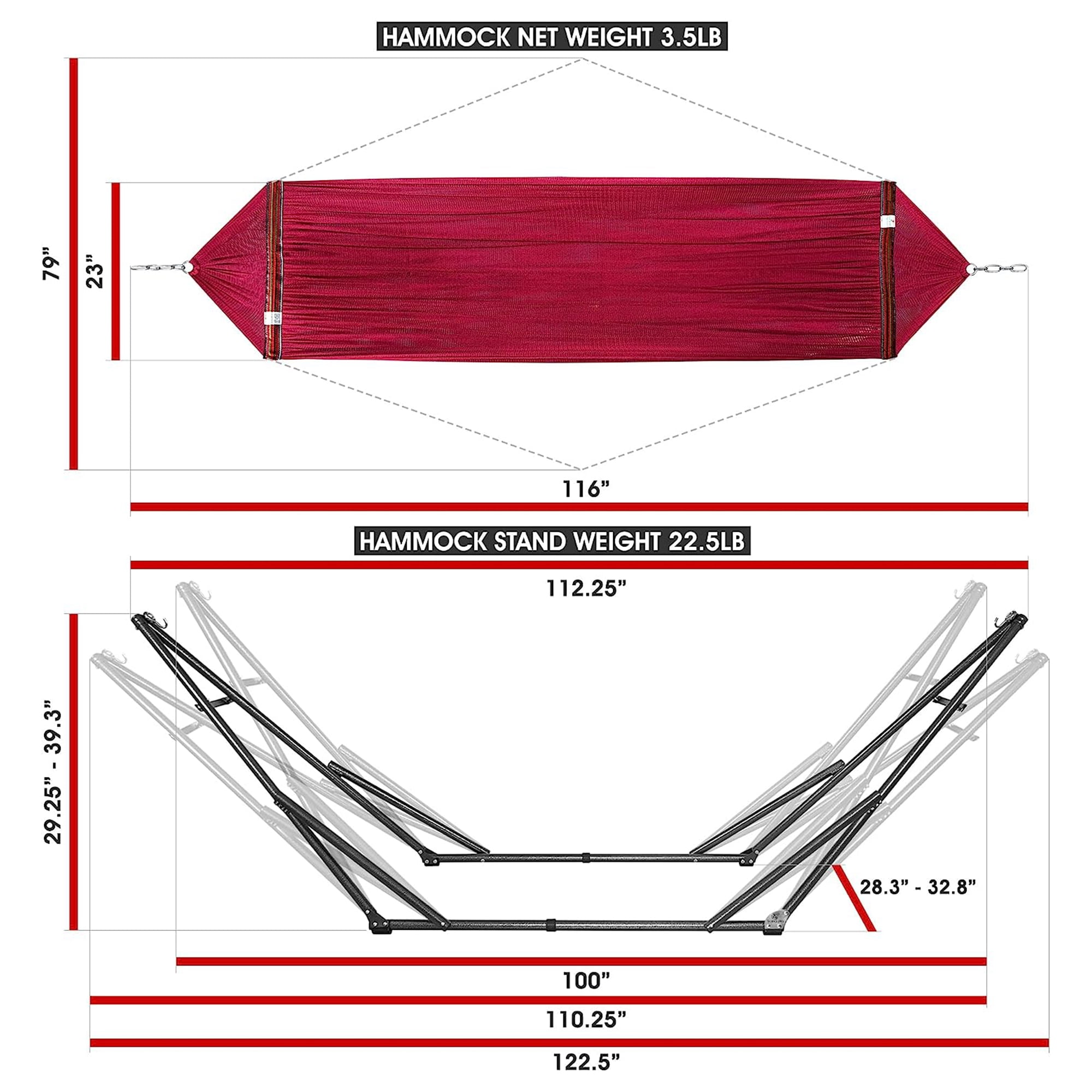 Tranquillo Adjustable Hammock Stand / Collapsible Hammock with Stand – Picnic Hammock Stand and 2 Layered Polyester Hammock Net for 2 Persons with Carry Bag - Supports up to 550lbs, Red