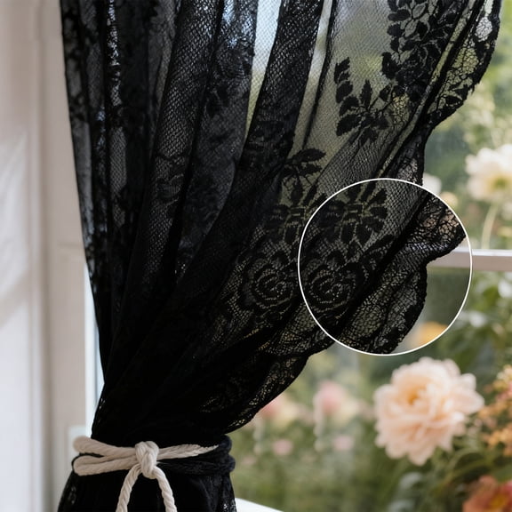Vintage Lace Curtains 55 Inches Long-Romantic Flowers and Branch Sheer Lacy Curtains for Living Room French Door 1 Pair Rod Pocket, 40 x 55 Inch Black