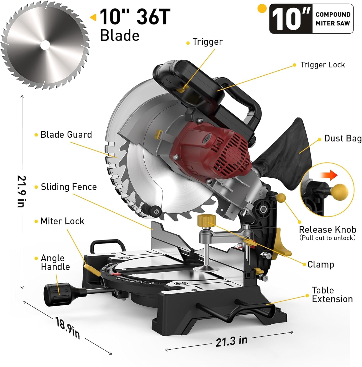 Anqdy 15 Amps 10 Inch Corded Electric Compound Miter Power Saw Single Bevel Miter Saw 5000 RPM
