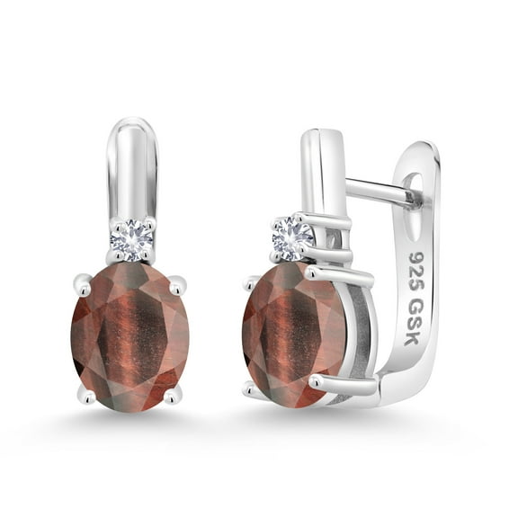Gem Stone King 3.10 Cttw Red Tiger Eye and White Created Sapphire Earrings for Women | 925 Sterling Silver | Gemstone Birthstone | Oval 9X7MM