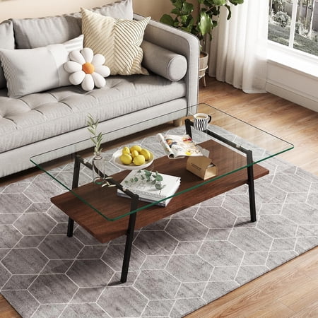 Holaki Glass Coffee Table, Rectangle Tempered Glass Table, 2-Tier Center Table with Clear Tempered Glass Top Metal Leg, Mordern Home Office Furniture