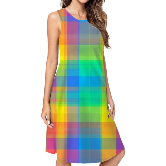 Colorful Plaid Pattern Spring Summer Dresses For Women Fashion Dress Casual Sleeveless Loose Sundress With Pockets