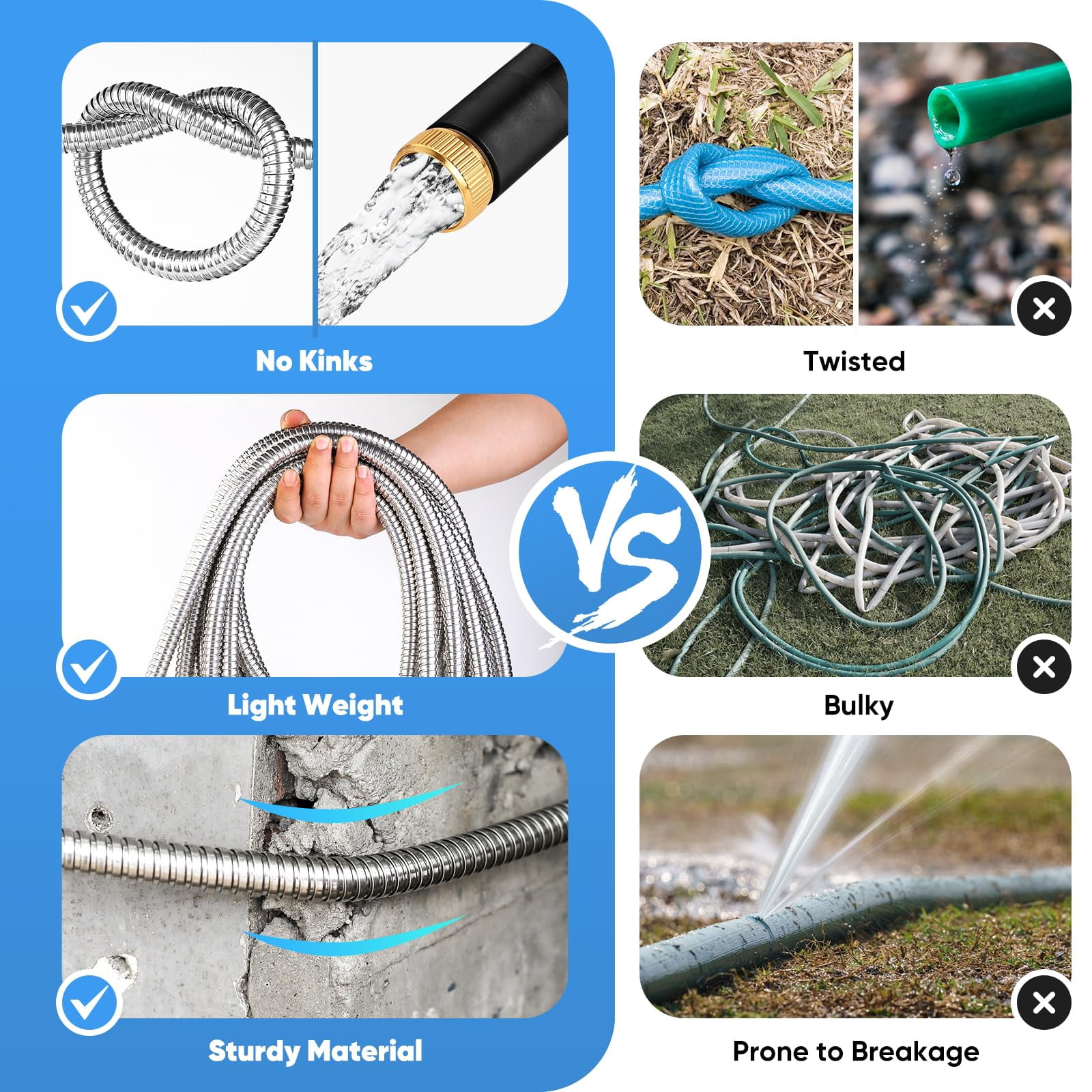 Garden Hose 50 ft, Heavy Duty Garden Hose Stainless Steel Metal Garden Hose, No Kinks, Lightweight, Puncture Proof, Flexible Outdoor Hose with 10 Function Nozzle for Yard & Car Washing