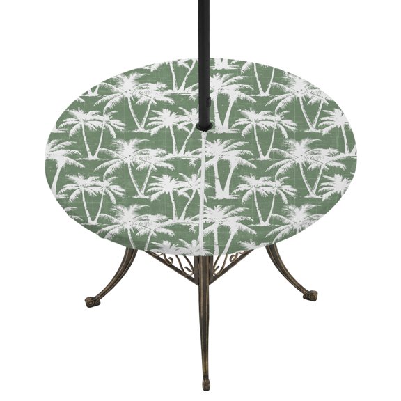 Round Outdoor Tablecloth with Umbrella Hole and Zipper, Sage Green Palm Tree Summer Tablecloth with Elastic Waterproof, Beach Tropical Coastal Patio Table Covers for 31" - 35" Picnic Pool Tables