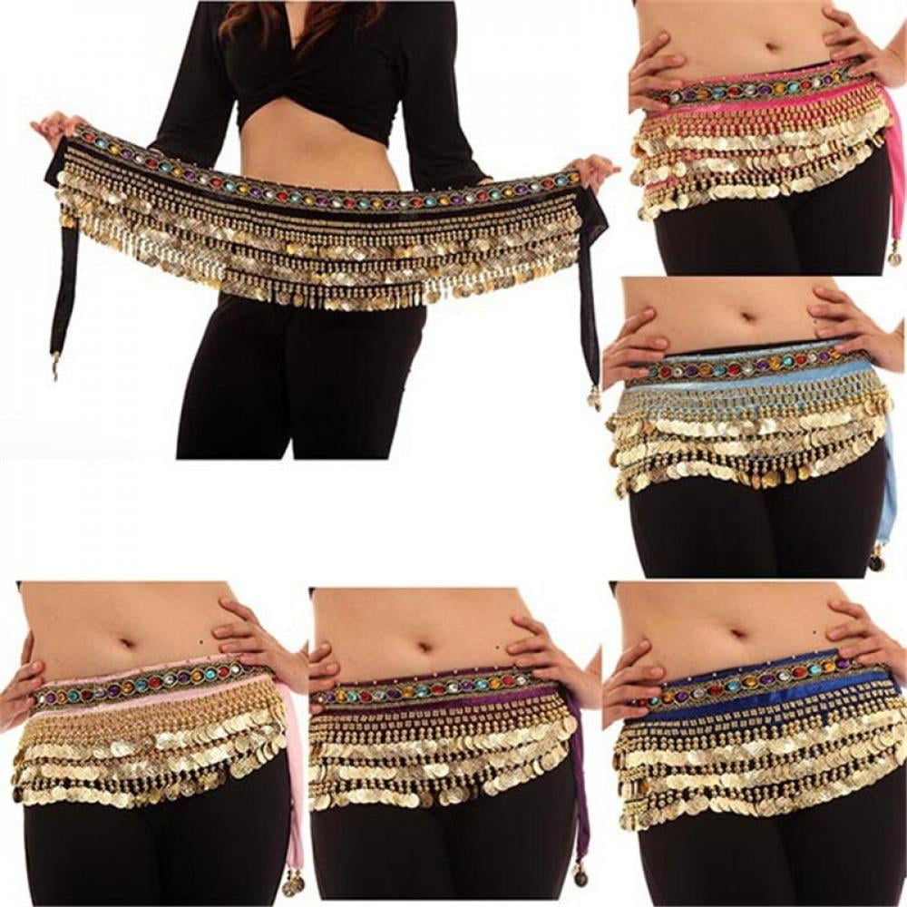 New Red Belly Dance Hip Skirt Scarf Wrap Belt With Golden Coins Gypsy Scarf 