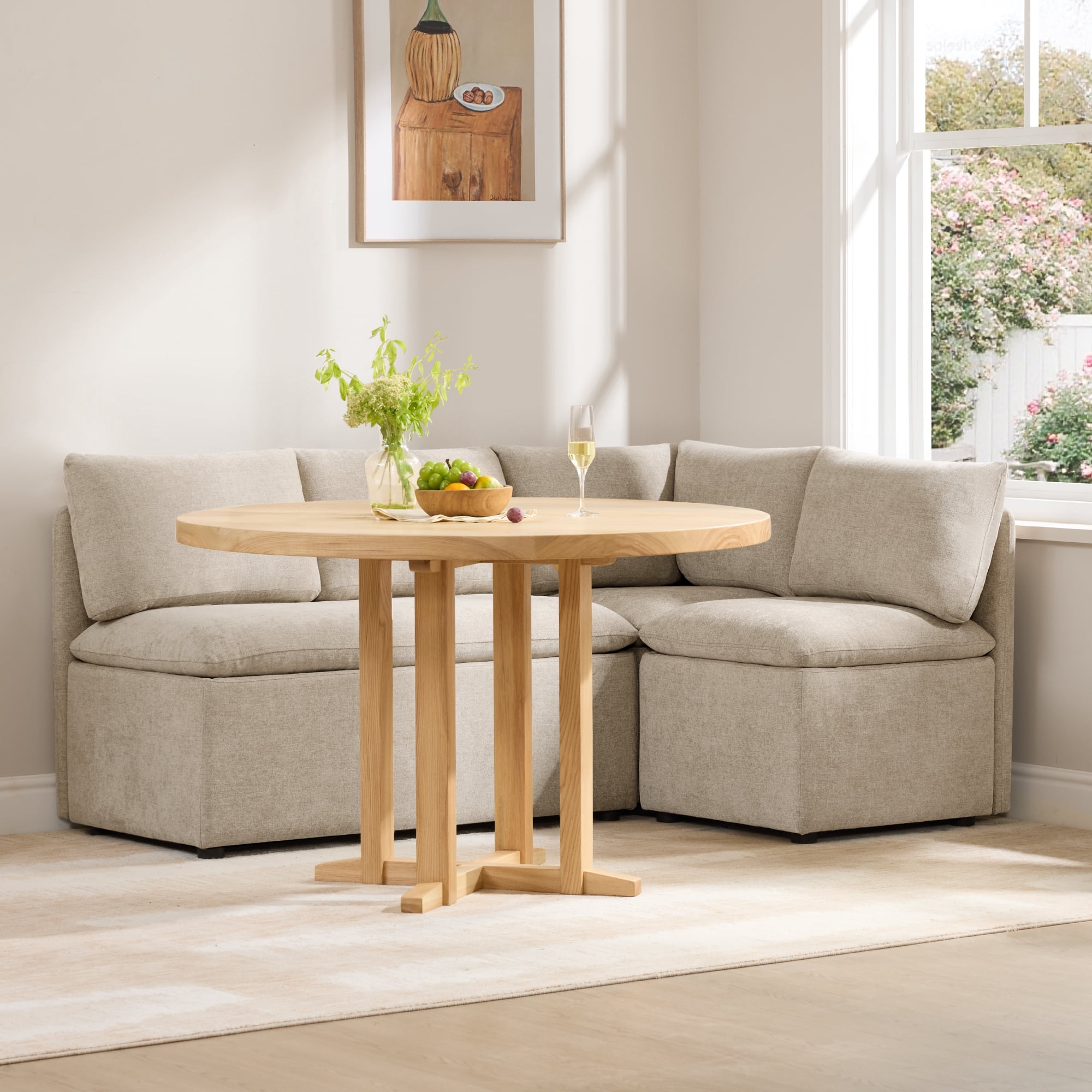 ReNest L-Shaped Storage Banquette Sectional, 4-Seat Set with 2-Seat Bench, Corner, and 1-Seat Chair, Khaki