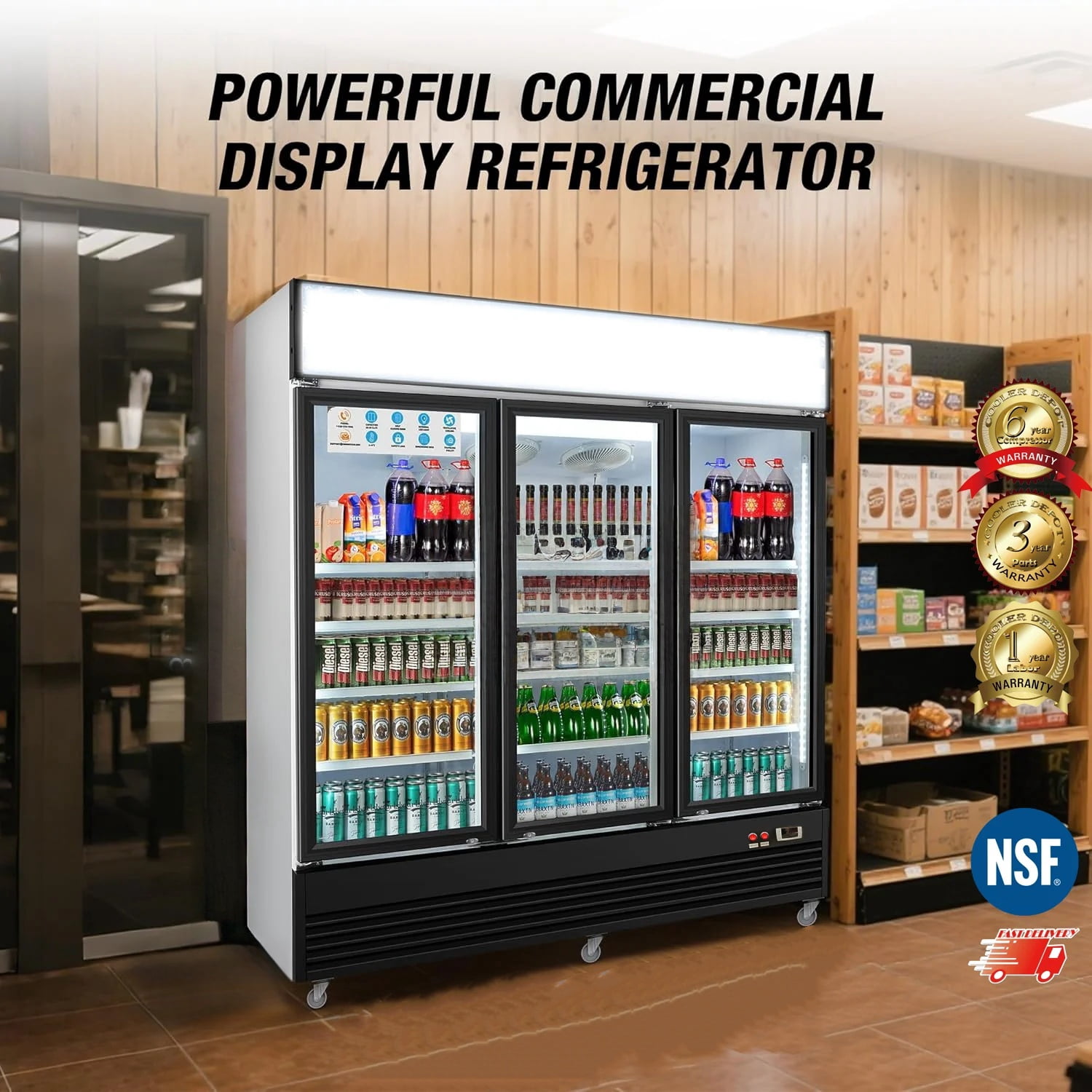 Commercial Merchandiser Refrigerator, 3 Glass Door, Beverage Cooler, 74" x 26" x 82", 62.5 Cu. Ft., NSF Certified