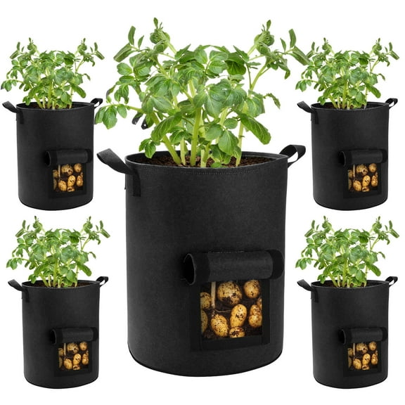 5-Pack 10 Gallon Potato Grow Bags with Flap Window, Heavy Duty Fabric Pots with Handles for Garden and Planting