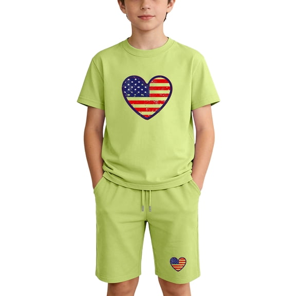 Kids 4th of July Outfit - Patriotic American Flag Heart Print T-Shirt & Shorts Set - Unisex 2 Piece Summer Clothes for Boys Girls (Green),Size 5 T