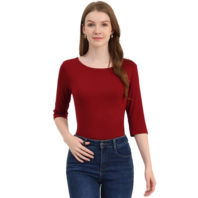 INSPIRE CHIC Hauts pour Femmes Manches au Coude Encolure Bateau Coupe Ajustée T-Shirt Classique Décontracté TP Rouge Vin