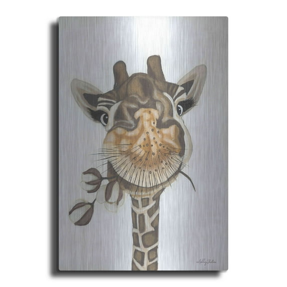 Luxe Metal Art 'Giraffe with Cotton' by Ashley Justice, Metal Wall Art, 24"x36"