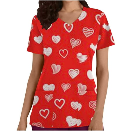 

CYMMPU Women s V-Neck Pocketed Scrub_Tops Nurse Workwear Uniform Clearance Going out Tops Summer Tees Short Sleeve Shirts Trendy Valentine s Day Tunic Love Heart Printing Fashion Tshirts Red M