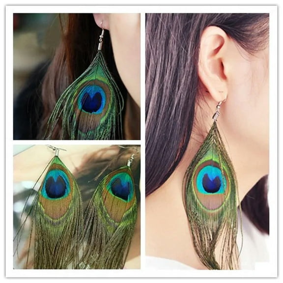 New 1 Pair Colorful Green Peacock Feathers Retro Style Jewelry Female Earrings