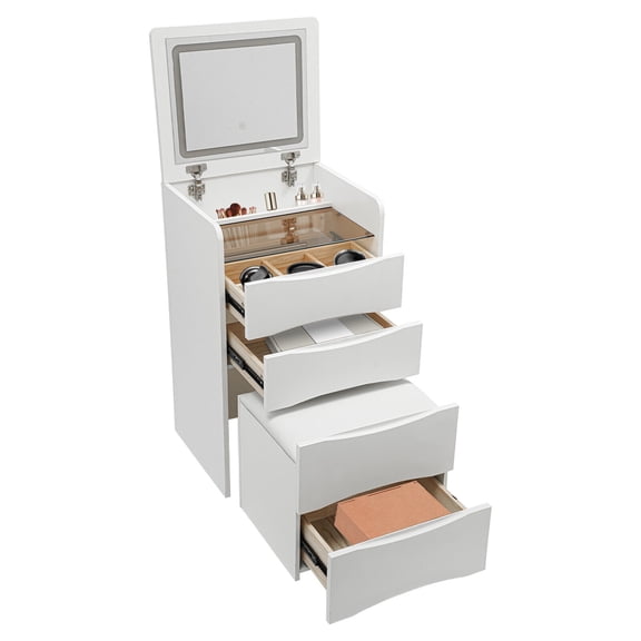 3 in 1 Vanity Desk with Flip Top Lighted Mirror 3 Colors LED Light Vanity Desk with Makeup Stool Compact Makeup Vanity Table with 3 Drawers for Homes, Apartments(White)