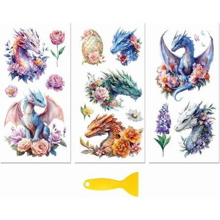 Rub on Transfer Decal Sticker for Furniture Craft Decor 6"x12" Flowers and Dragons 3Pcs Waterproof UV DTF Transfer for Drawer Dresser Glass Porcelain Wood Plastic Window