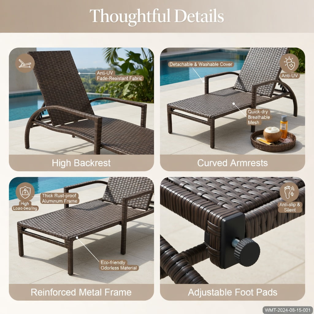 Hommoo Outdoor Wicker Chaise Lounge Chair with Retractable Ottoman, Adjustable 6-Position Backrest, PE Rattan & Steel Frame, Patio Lounger for Backyard, Poolside & Porch, Brown