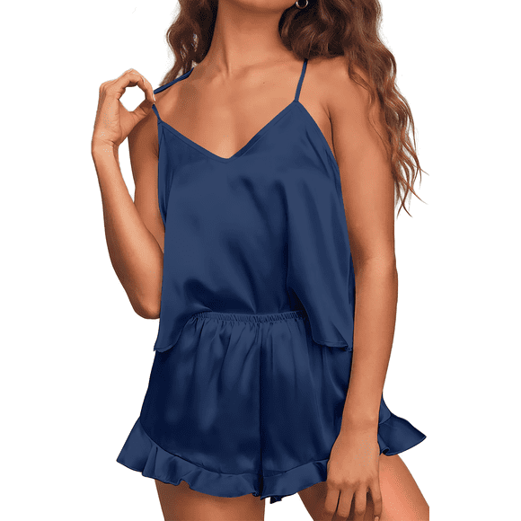 UVN Conjunto de Pijamas de Satén para Mujer Verano Cuello en V Sexy Tops Tipo Camisola y Shorts con Volantes Atuendo de 2 Piezas Pijamas de Seda Ropa de Dormir Ropa para Estar en Casa