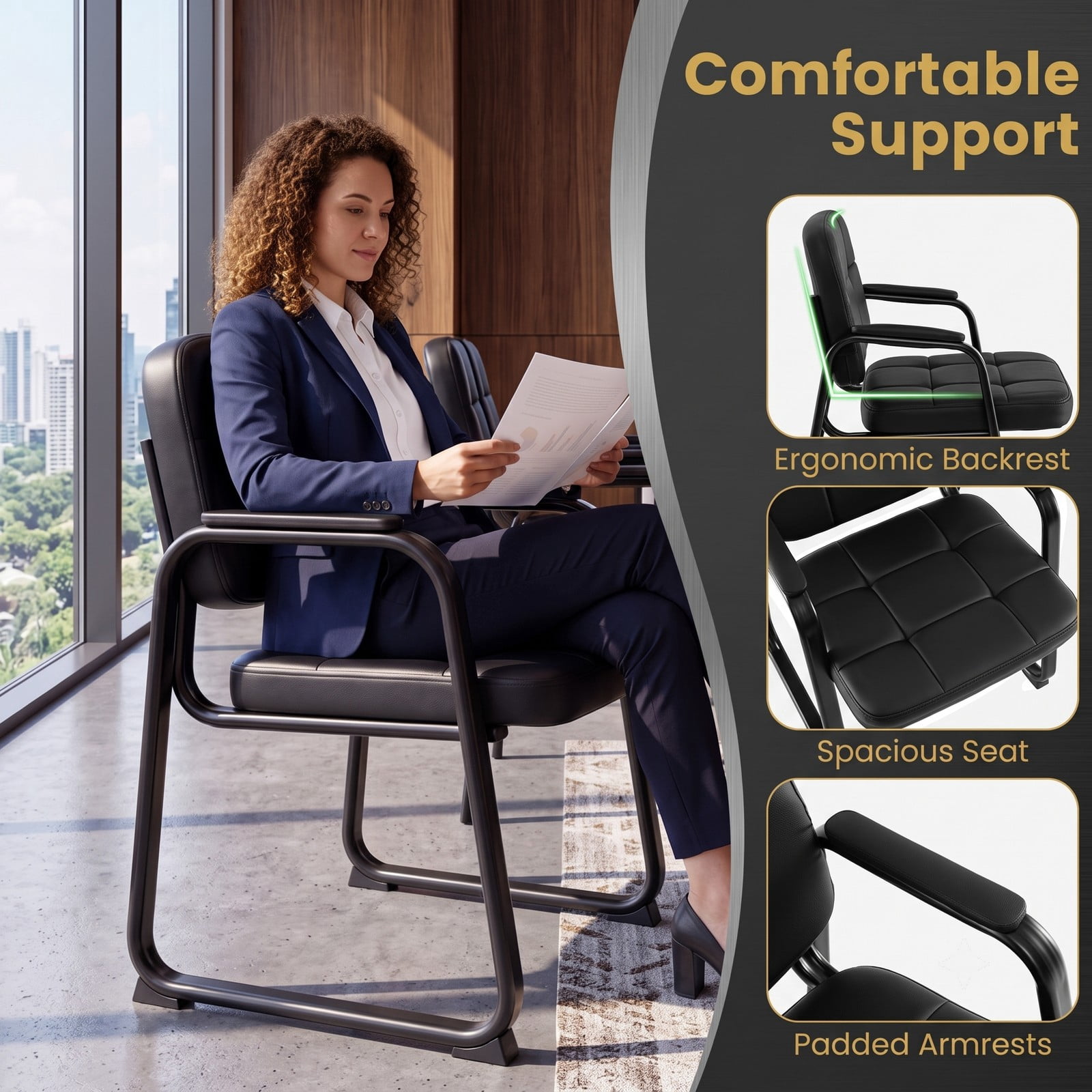 Furnibear Waiting Room Chairs Set of 2, PVC Leather Office Reception Guest Chairs with Padded Armrests, Ergonomic Backrest and Metal Frame for Meeting Room, Black