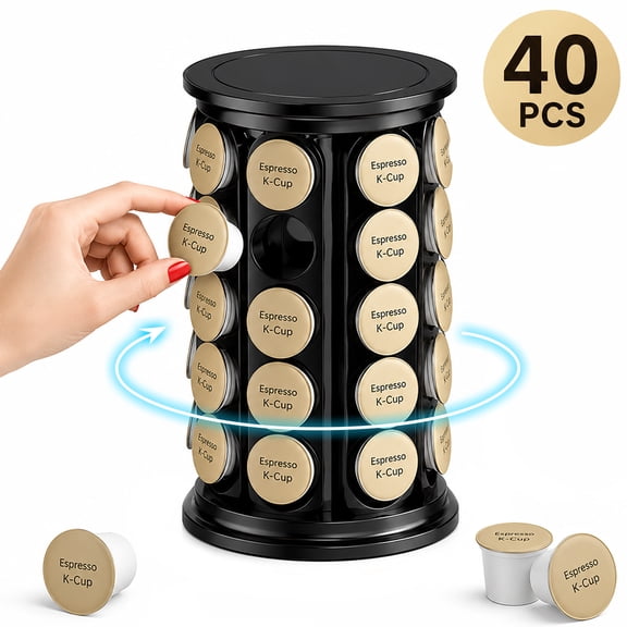 Hoofun K Cup Holder – Compatible with K-Cups, Coffee Pod Carousel, 40 K Cup Holder, Spins 360-Degrees, Home or Office Kitchen Counter Organizer, Black