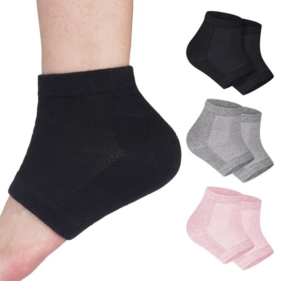 3 Pairs Heel Moisturizing Gel Socks - Soft Cotton Blend Nighttime Spa Socks for Dry Cracked Feet, Breathable Toeless Design, Hydrating & Repairing, Pink/Black/Gray, for Women's Foot Care & Pain Relief