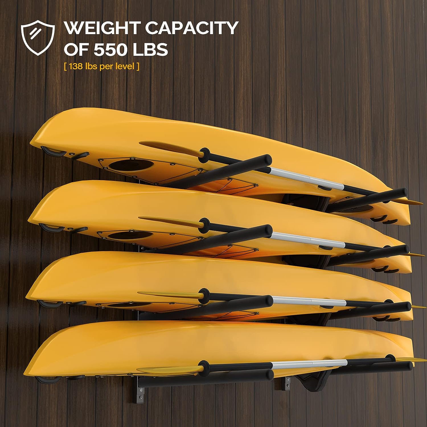 Bonnlo Kayak Wall Mount Rack for 3 Kayaks or 4 Paddle Boards with Adjustable Supports, Kayak Paddle Holder for Garage Storage, Shed Shelving Weight Capacity 550 LBS Spacesaver