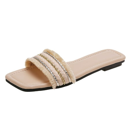 

uikmnh Women Slippers Women Flat Beaded Fringe Slippers Square Headband Beach Sandals Fairy Slippers Flat Open Toe Slippers Summer Slippers Khaki 8