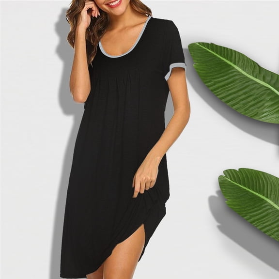 Idoravan Womens Fashion Casual Solid Pleated Round Neck Patchwork Nightdress Dress