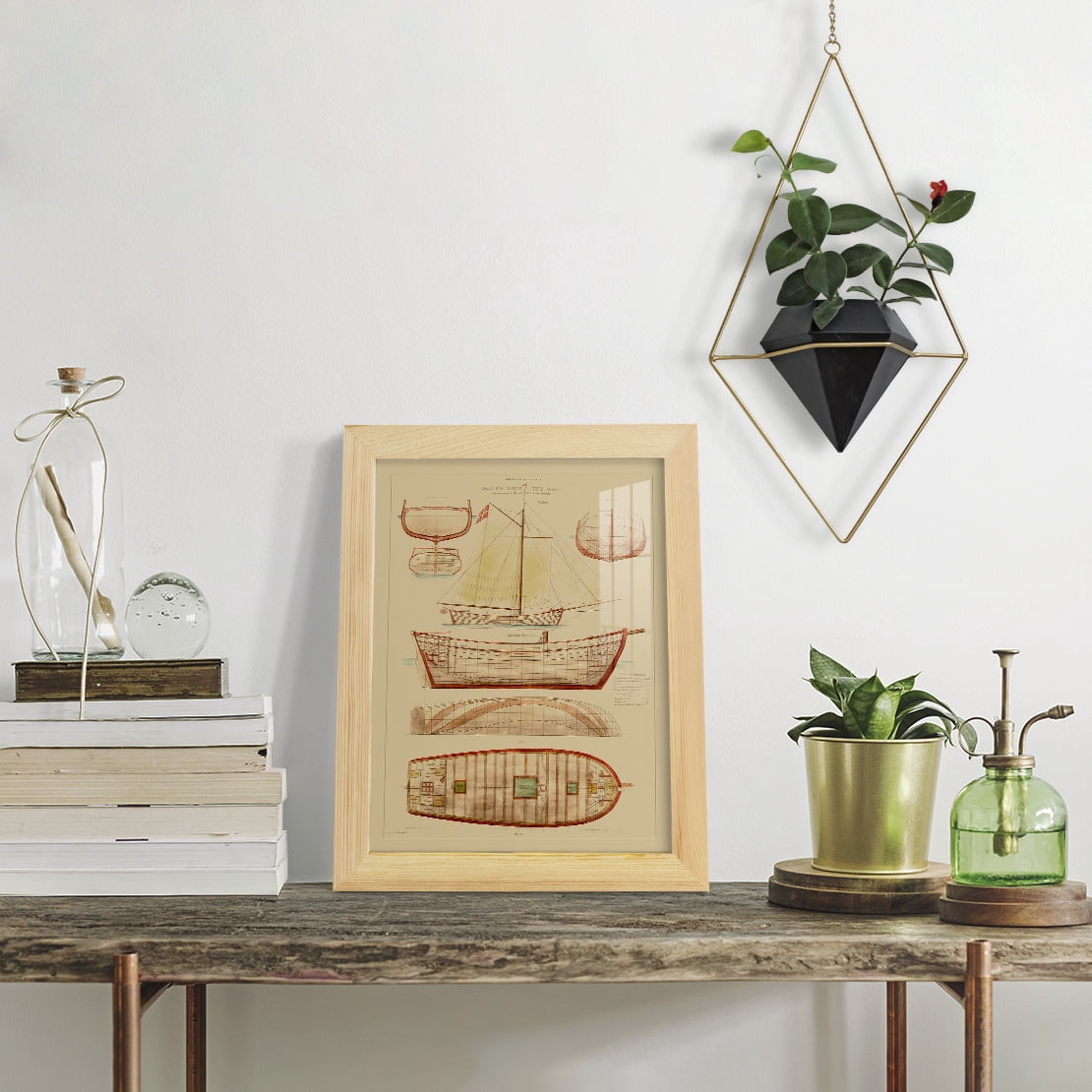 Antique Ship Plan III -Framed Print w/glass-Natural Wood