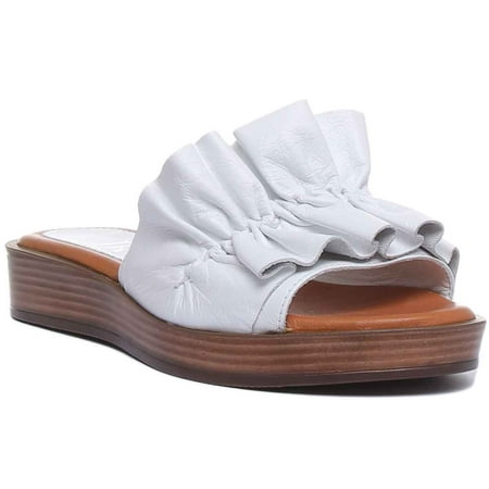 

JUSTINREESS Myra Women s Ruffle Soft Leather Sandal In White Size 5