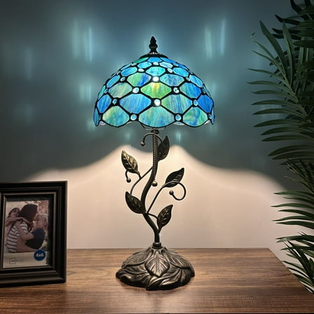 Tiffany Table Lamp Blue Green Stained Glass Crystal Beans Included LED Bulb for Living Room Bedroom Bedside 10"D*10"W*20"H