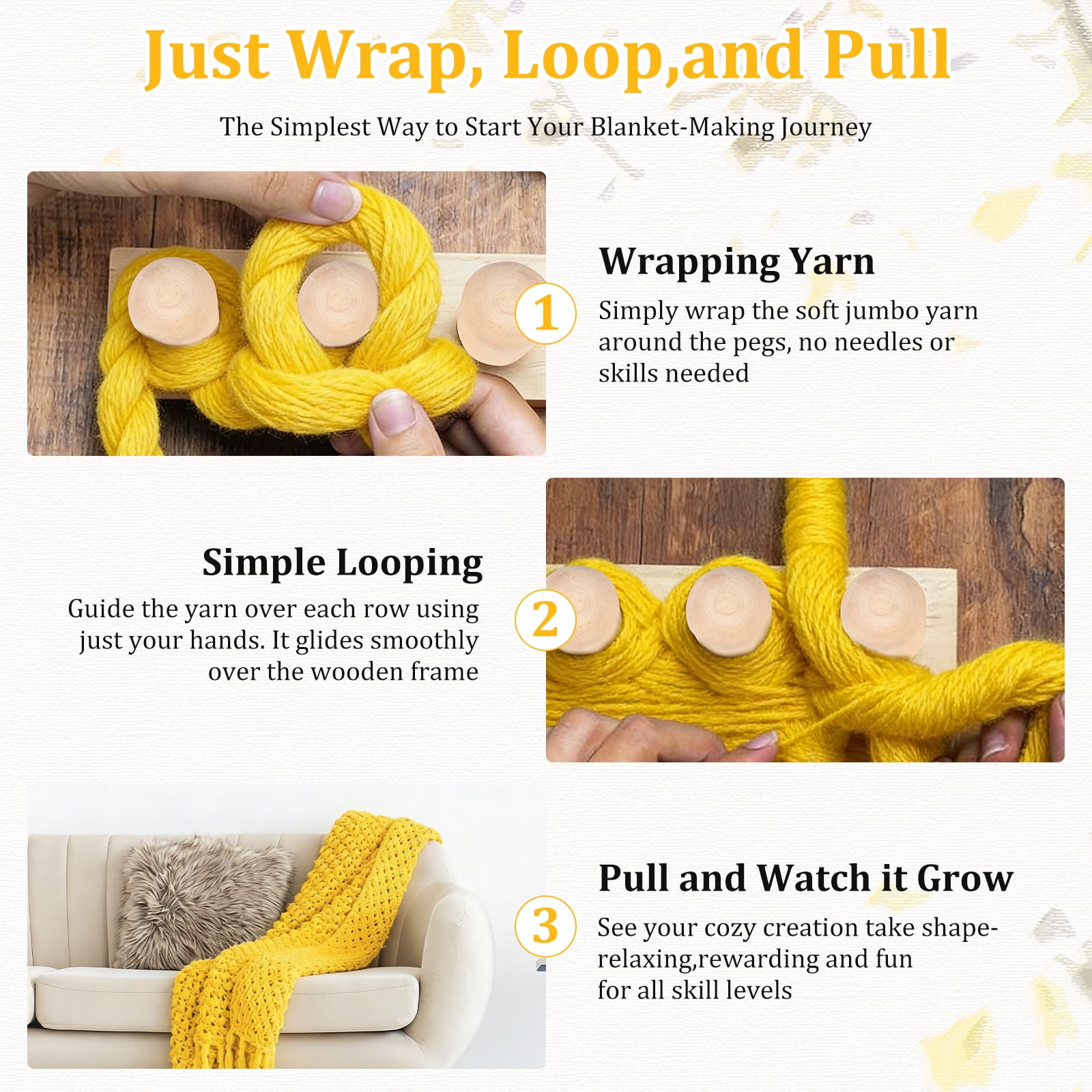 Chunky Blanket Loom, Adjustable Wooden Knitting Loom Frame for Hand Knitting, Foldable Weaving Tool for Blankets, Shawls, Scarves - Natural Wood