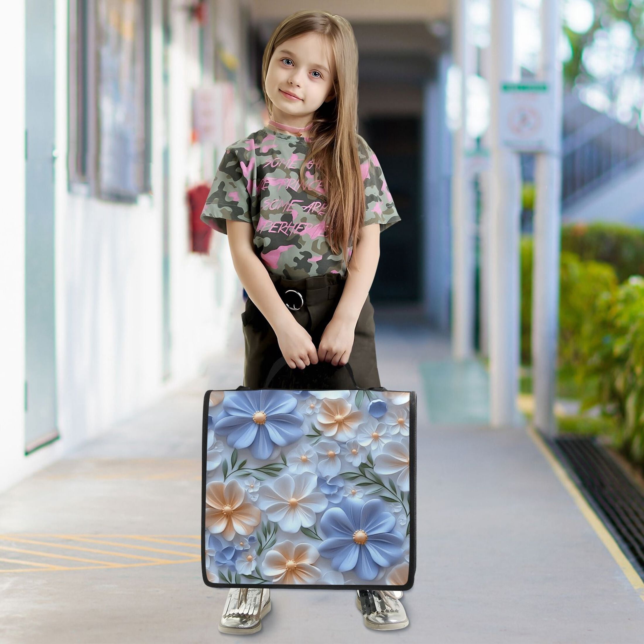 3 Ring Zipper Binder with Shoulder Strap Waterproof Trapper Keeper 2 Inch D-Ring 500 Sheets Capacity White Blue 3d Flower