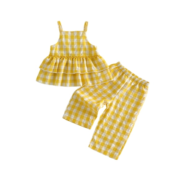 BemeyourBBs Toddler Baby Girls Summer Clothes 6 12 18 24 Months 2 3 4 Years Little Baby Girl Summer 2 Piece Outfits Gingham Plaid Sleeveless Square Neck Ruffled Tank Tops and Wide Legs Pants Set