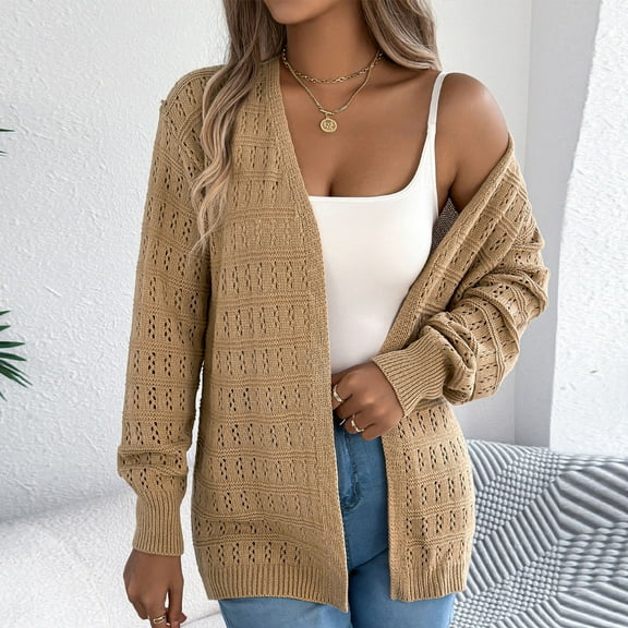 Mqqzkk Womens Breathable Crochet Cardigan Sweater Solid Color Spring Fall Long Sleeve Open Front Outwear