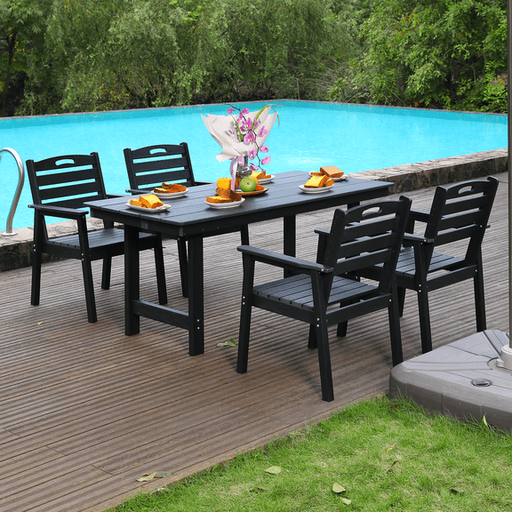 HDPE Outdoor Patio Dining Set, 5-Piece Table & 4 Chairs, with Sunshade Holes, Waterproof, Black, for Lawn, Garden, Backyard, Poolside
