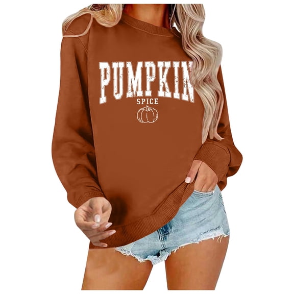 Xijirk Crewneck Pullover Sweatshirt Long Sleeve Loose Fit Pumpkin Spice Letter Small Pumpkin Graphic Print for Fall Thanksgiving Halloween and Daily Casual Wear,Orange,L
