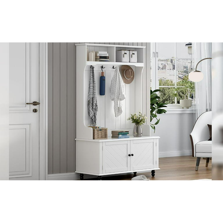 Entryway hall tree with coat rack 4 hooks and storage bench shoe cabinet  white - Bed Bath & Beyond - 35406902